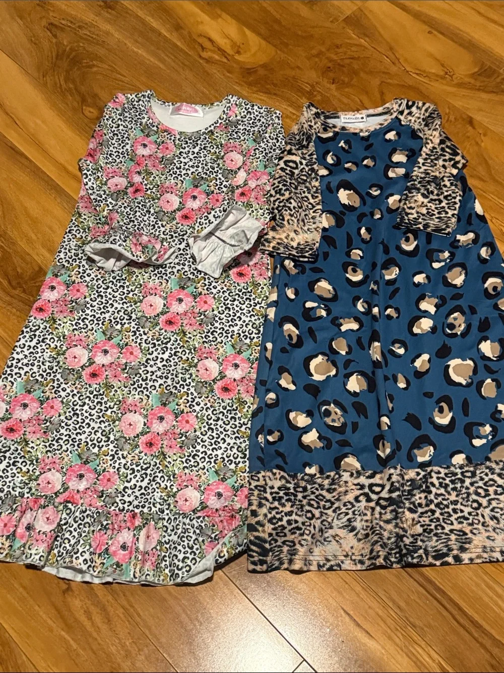 Girls Floral & Leopard Print Long Sleeve Dress - Pink and Blue - Picture 1 of 2